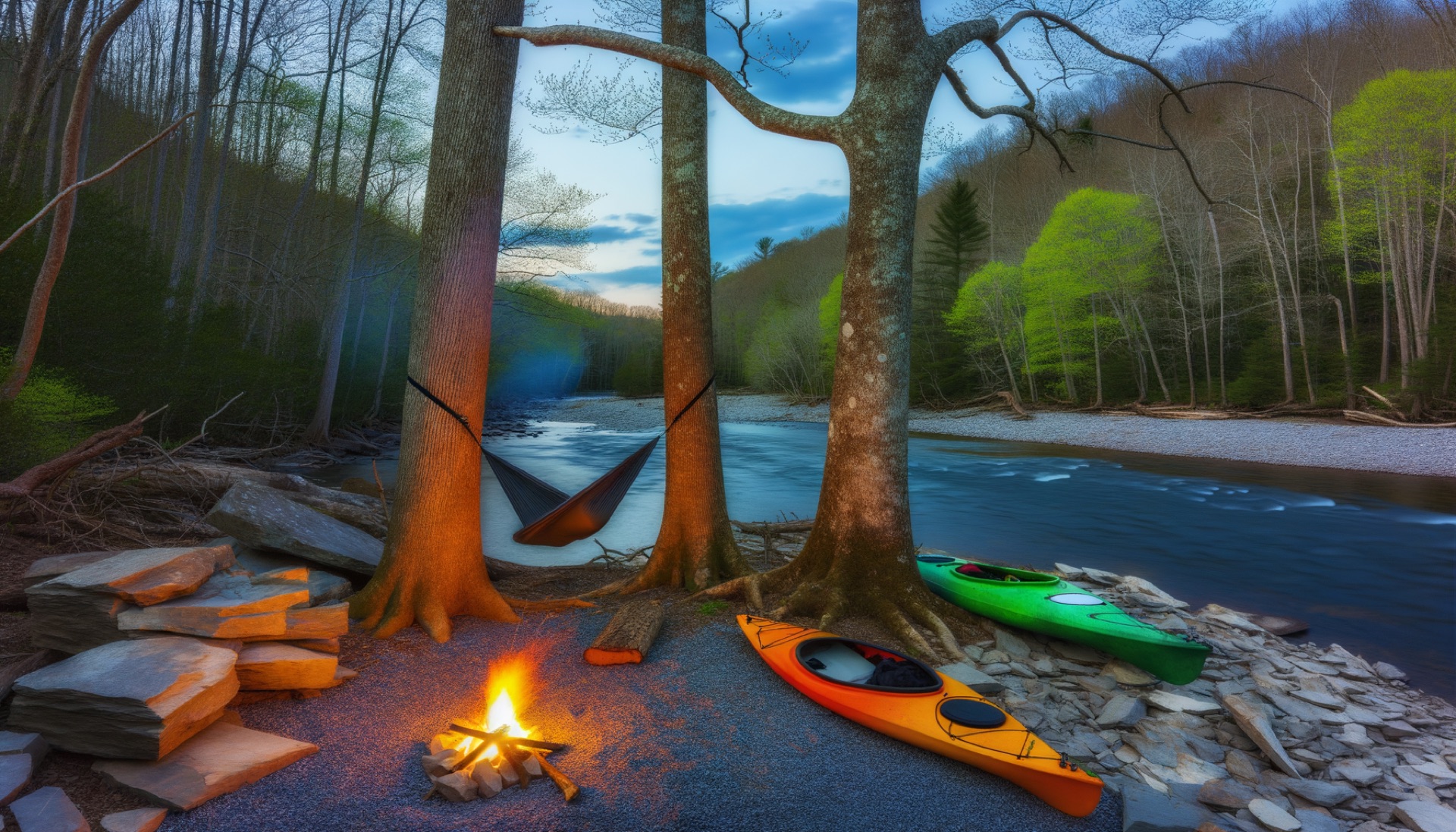 Riverside hammock campsite at dusk with kayaks